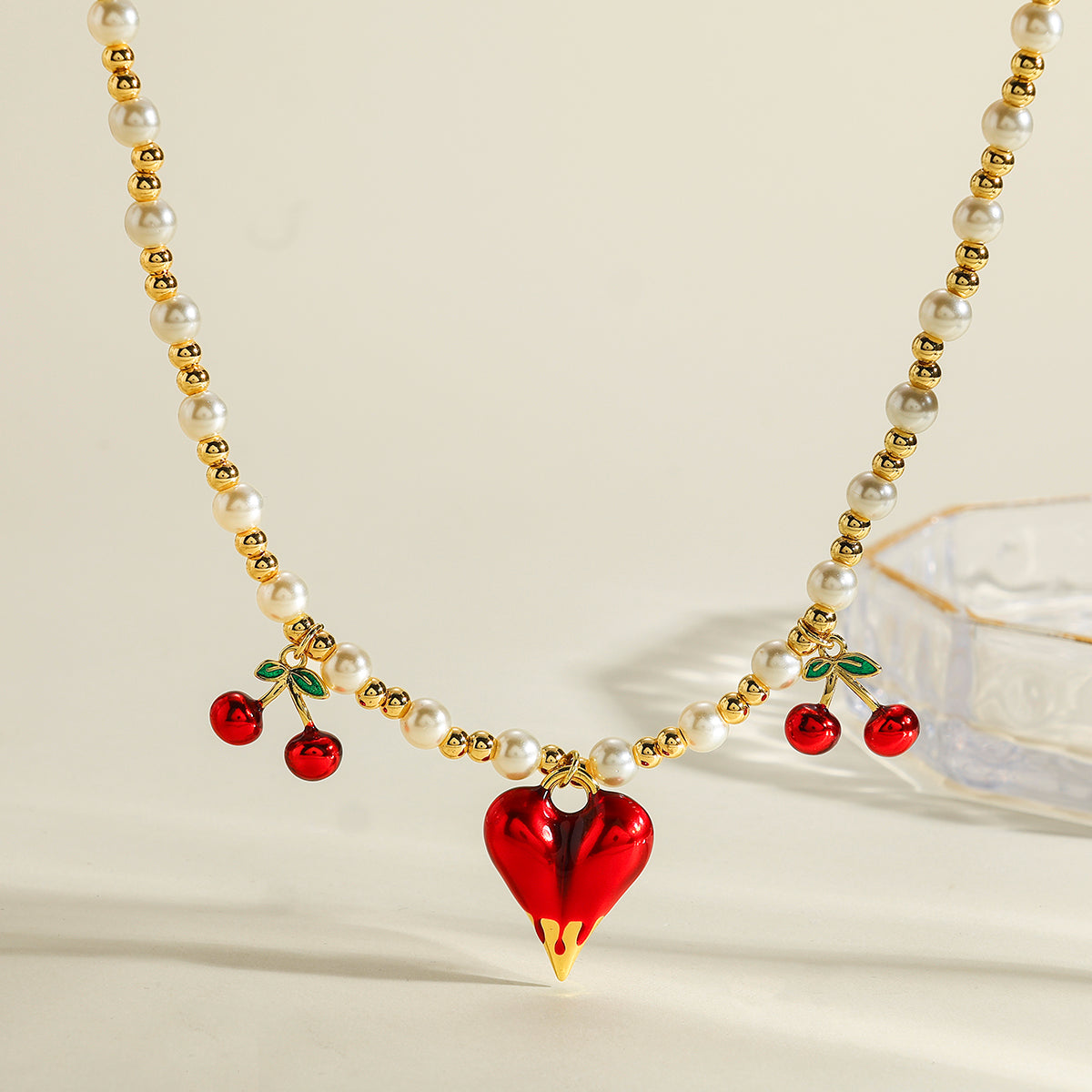 Cherry Pendant Necklace For Women In Copper With Electroplated 18K Real Gold Plated Beaded Chain