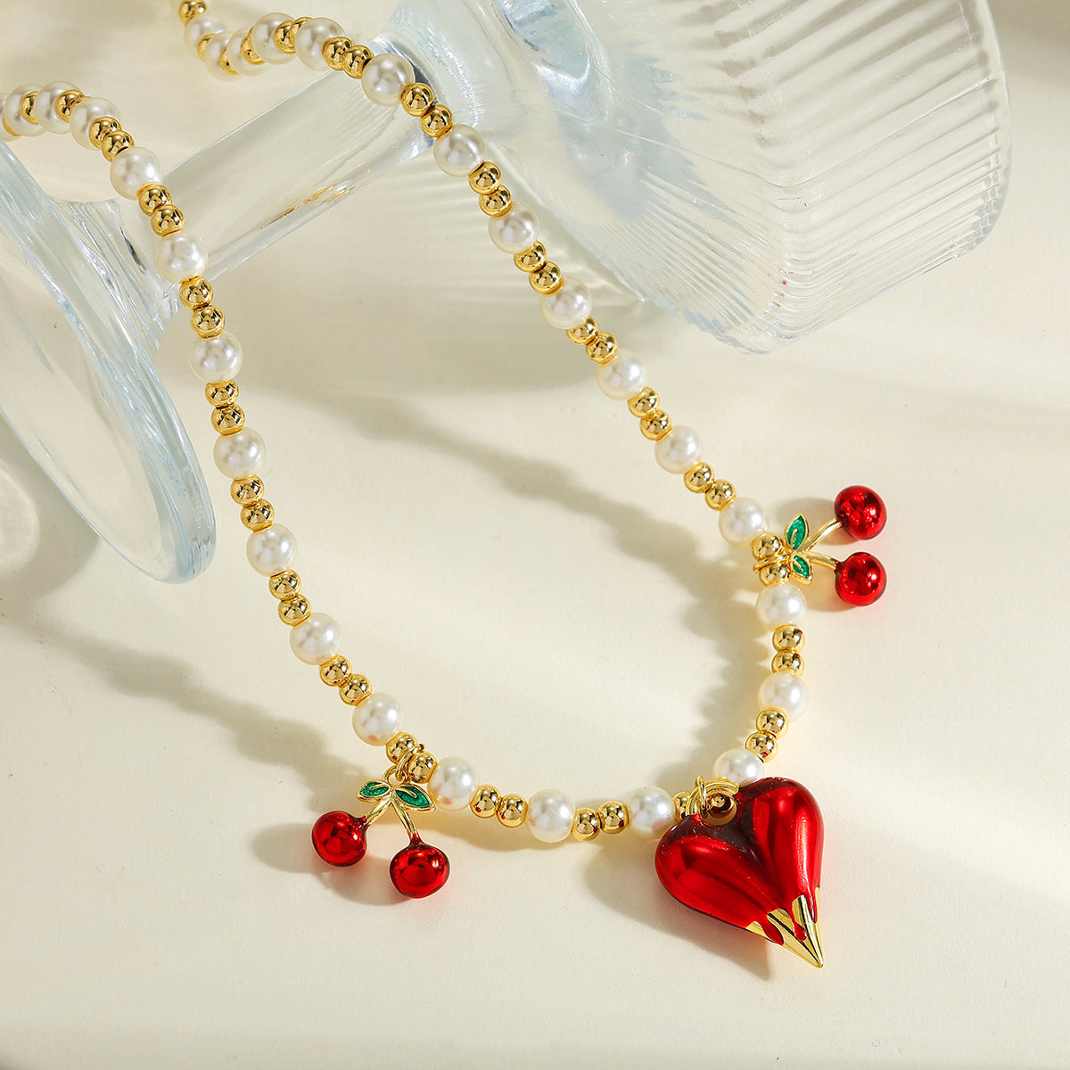 Cherry Pendant Necklace For Women In Copper With Electroplated 18K Real Gold Plated Beaded Chain