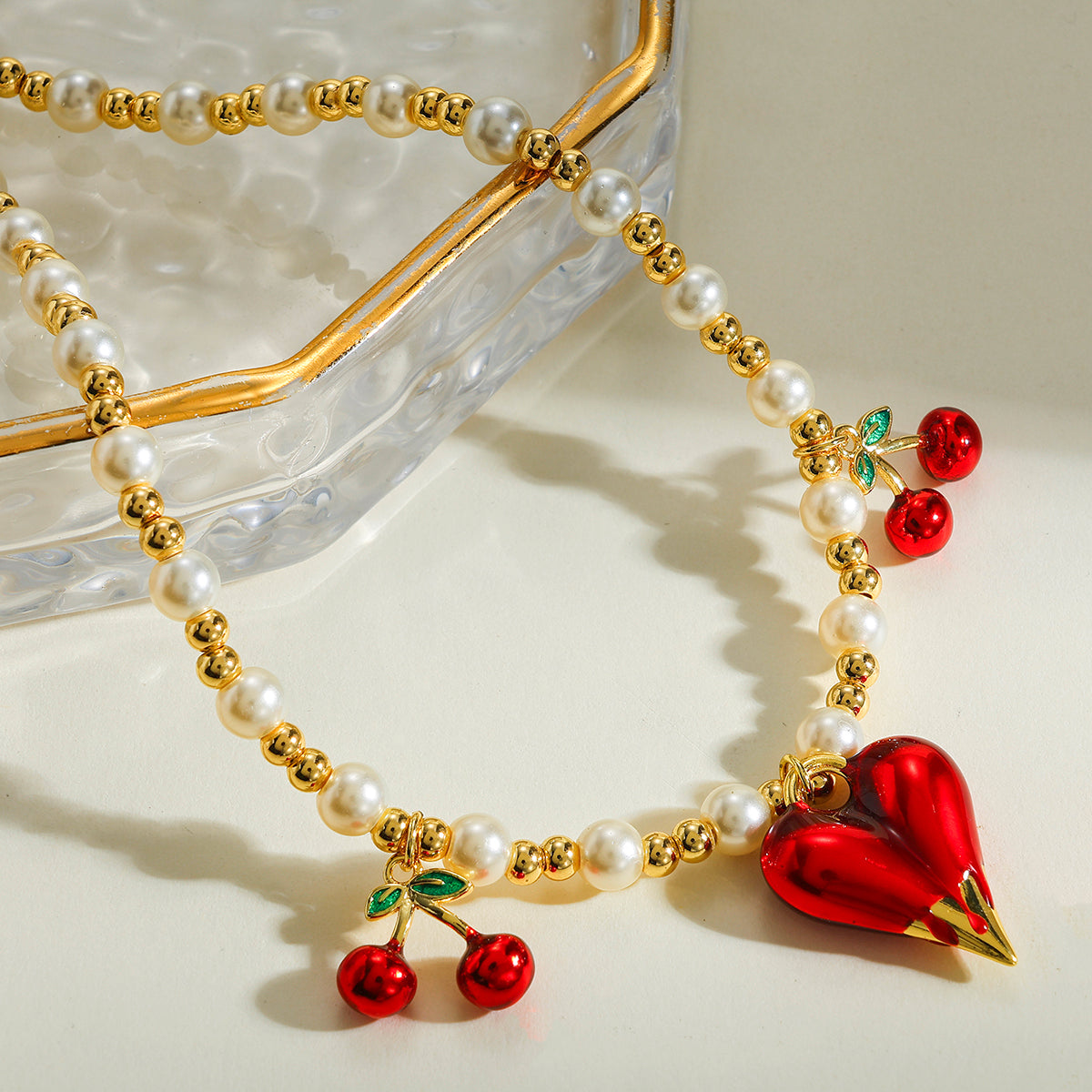 Cherry Pendant Necklace For Women In Copper With Electroplated 18K Real Gold Plated Beaded Chain