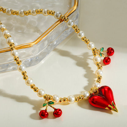 Cherry Pendant Necklace For Women In Copper With Electroplated 18K Real Gold Plated Beaded Chain