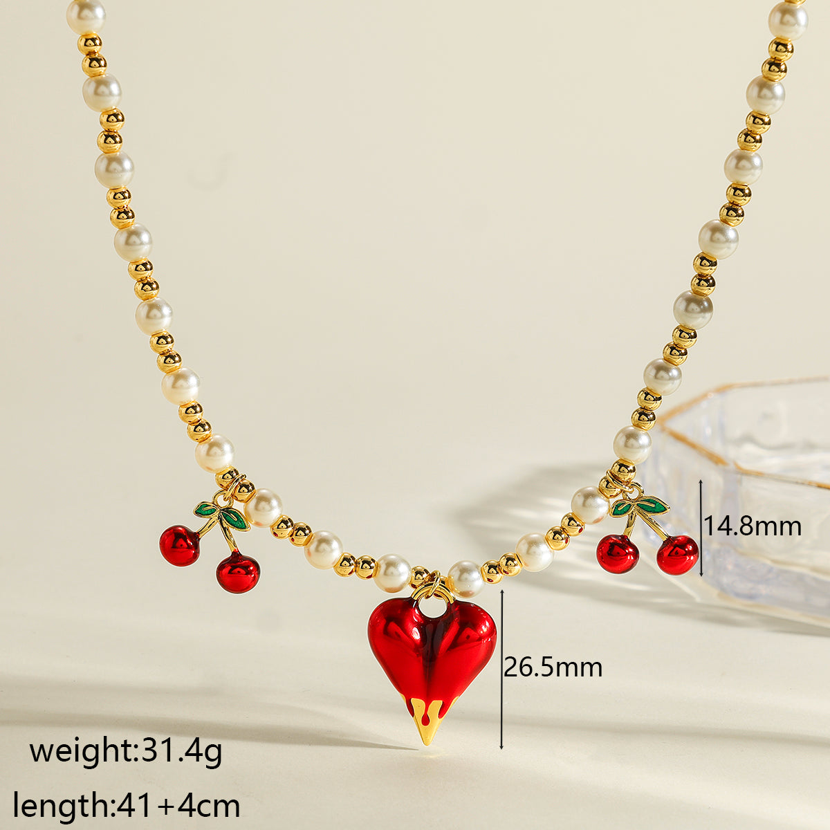 Cherry Pendant Necklace For Women In Copper With Electroplated 18K Real Gold Plated Beaded Chain