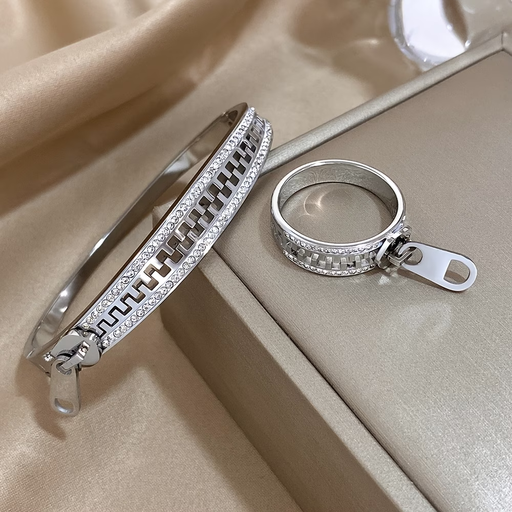 Solid Color Unisex Bangle For New Year, 304 Stainless Steel With 18K Real Gold Plated And Zircon Inlay