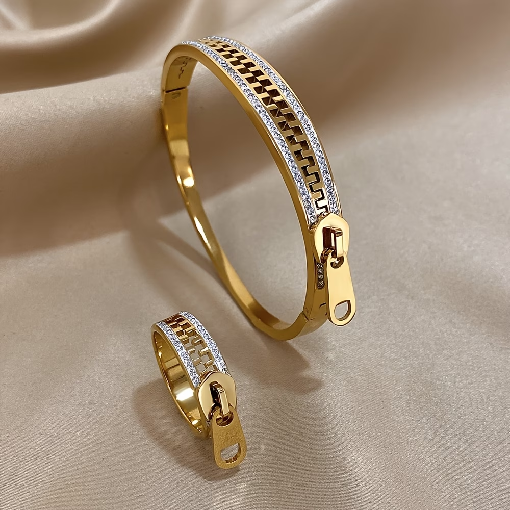Solid Color Unisex Bangle For New Year, 304 Stainless Steel With 18K Real Gold Plated And Zircon Inlay
