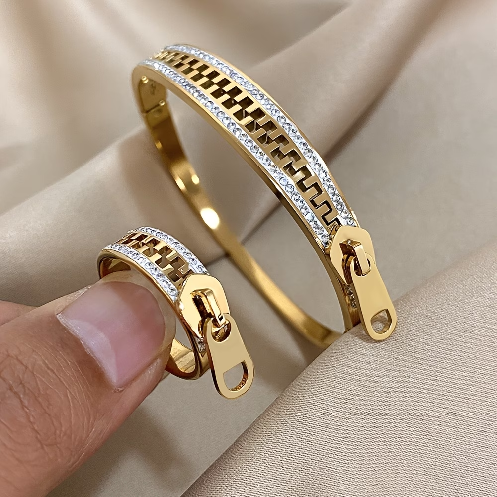 Solid Color Unisex Bangle For New Year, 304 Stainless Steel With 18K Real Gold Plated And Zircon Inlay