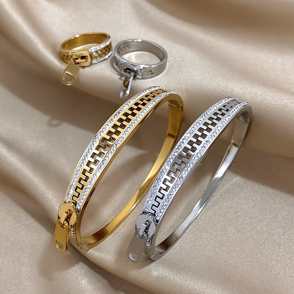 Solid Color Unisex Bangle For New Year, 304 Stainless Steel With 18K Real Gold Plated And Zircon Inlay