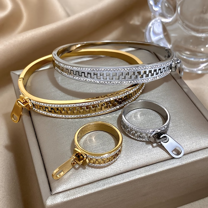 Solid Color Unisex Bangle For New Year, 304 Stainless Steel With 18K Real Gold Plated And Zircon Inlay