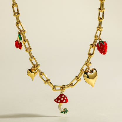 Polished Cherry Pendant Necklace For Women In Copper With 18K Real Gold Plated Finish And Horseshoe Buckle Chain