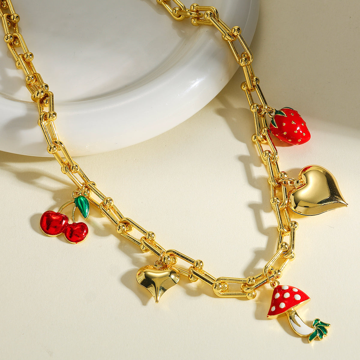 Polished Cherry Pendant Necklace For Women In Copper With 18K Real Gold Plated Finish And Horseshoe Buckle Chain