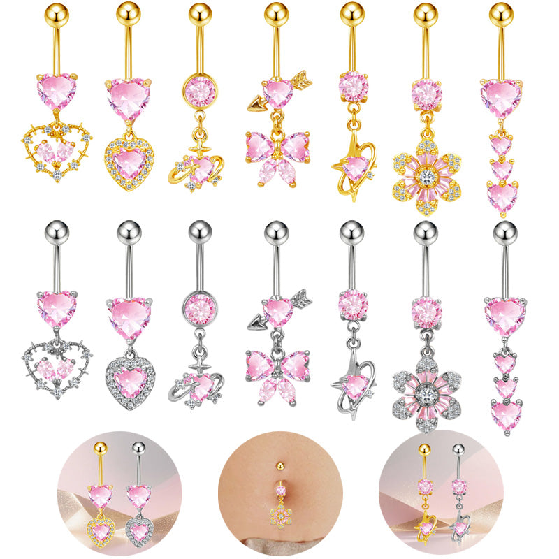 Three-dimensional Copper Flowers Belly Ring With Platinum Plated Electroplated Finish And Zircon Inlay