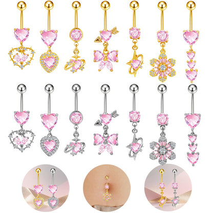 Three-dimensional Copper Flowers Belly Ring With Platinum Plated Electroplated Finish And Zircon Inlay