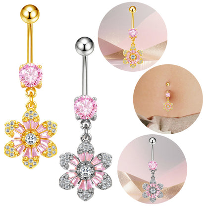 Three-dimensional Copper Flowers Belly Ring With Platinum Plated Electroplated Finish And Zircon Inlay