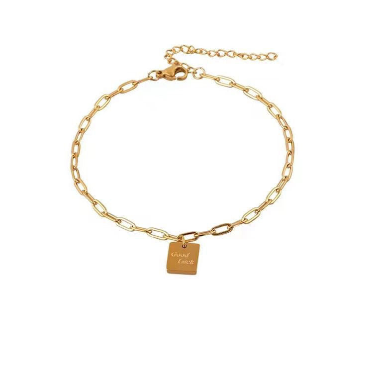 Electroplated Titanium Steel Anklet With Letter Pattern, PVD Coated And 14K Real Gold Plated With 0.03µm Thickness
