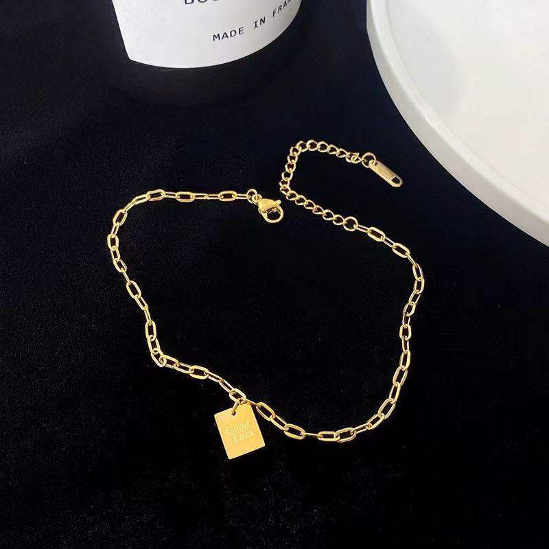 Electroplated Titanium Steel Anklet With Letter Pattern, PVD Coated And 14K Real Gold Plated With 0.03µm Thickness