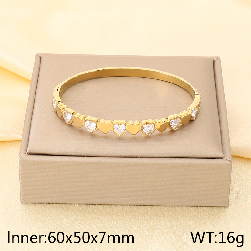 Heart Shape Three-dimensional Bangle For Women In 304 Stainless Steel With 18K Real Gold Plated And Rhinestones Inlay