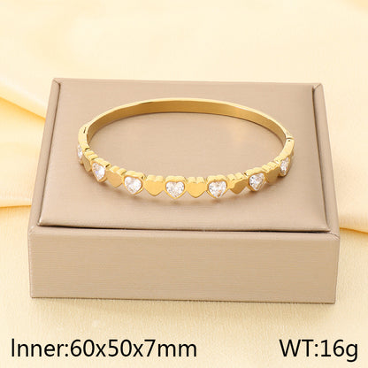 Heart Shape Three-dimensional Bangle For Women In 304 Stainless Steel With 18K Real Gold Plated And Rhinestones Inlay