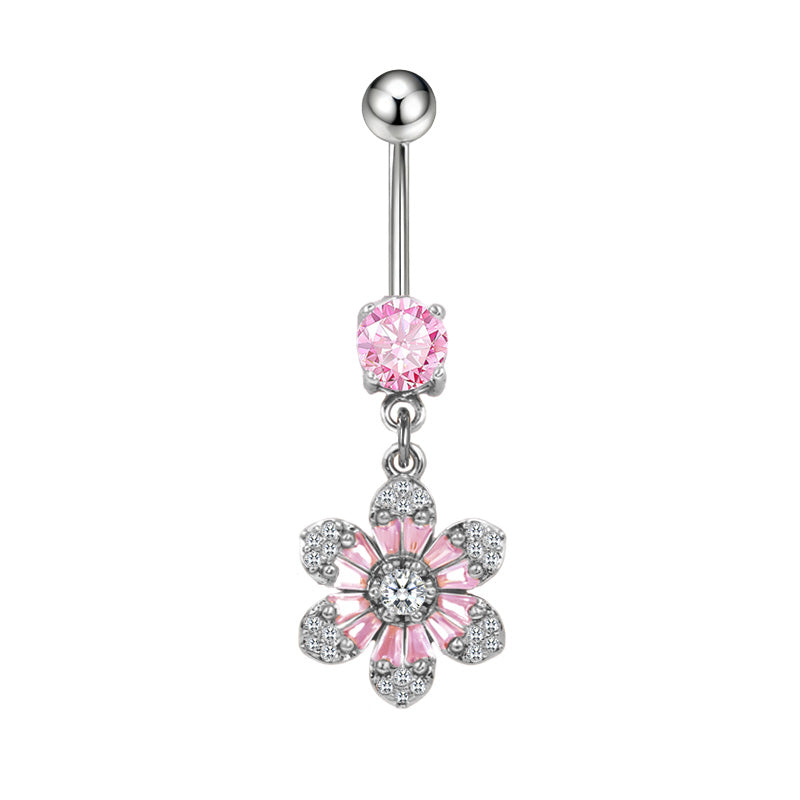 Three-dimensional Copper Flowers Belly Ring With Platinum Plated Electroplated Finish And Zircon Inlay