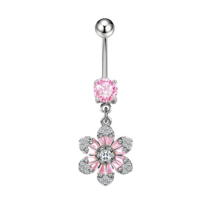 Three-dimensional Copper Flowers Belly Ring With Platinum Plated Electroplated Finish And Zircon Inlay