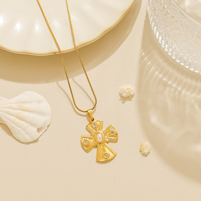 Cross Pendant Necklace For Religion Featuring 18K Real Gold Plated 304 Stainless Steel With Imitation Pearl On Snake Chain