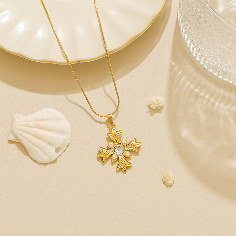 Cross Pendant Necklace For Religion Featuring 18K Real Gold Plated 304 Stainless Steel With Imitation Pearl On Snake Chain