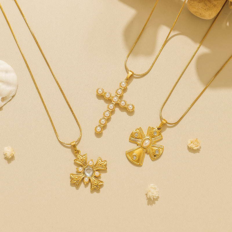 Cross Pendant Necklace For Religion Featuring 18K Real Gold Plated 304 Stainless Steel With Imitation Pearl On Snake Chain