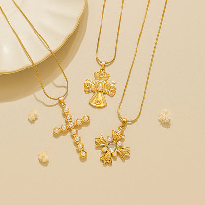 Cross Pendant Necklace For Religion Featuring 18K Real Gold Plated 304 Stainless Steel With Imitation Pearl On Snake Chain
