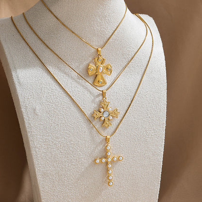 Cross Pendant Necklace For Religion Featuring 18K Real Gold Plated 304 Stainless Steel With Imitation Pearl On Snake Chain