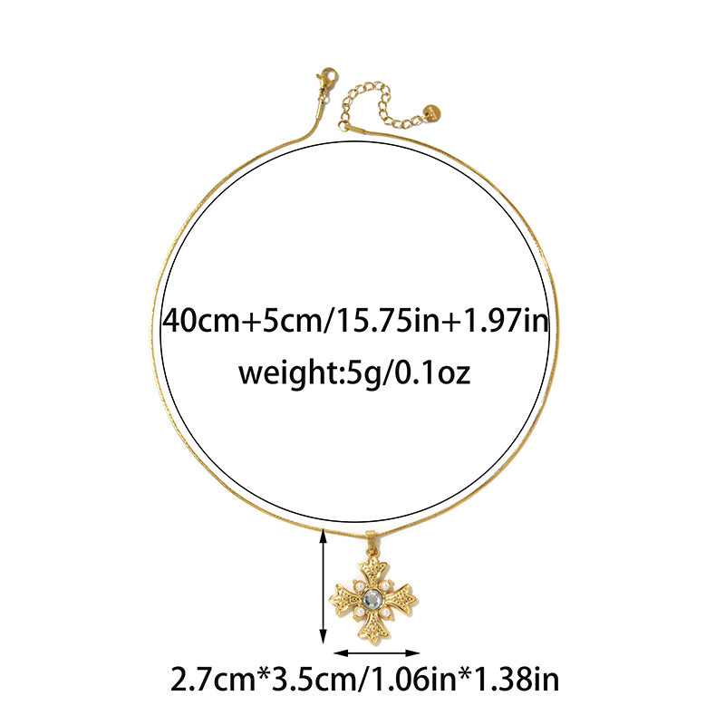 Cross Pendant Necklace For Religion Featuring 18K Real Gold Plated 304 Stainless Steel With Imitation Pearl On Snake Chain