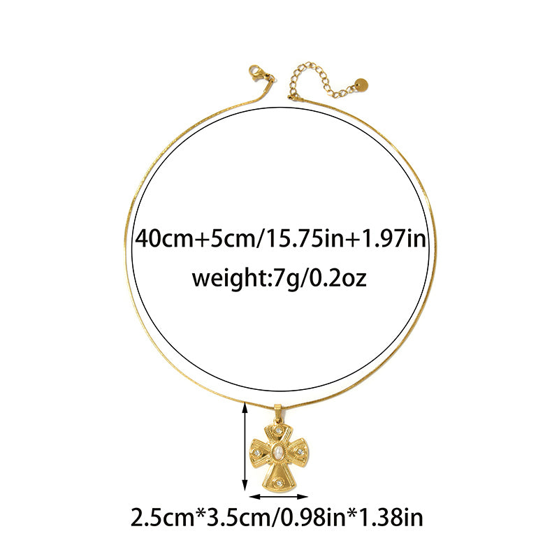 Cross Pendant Necklace For Religion Featuring 18K Real Gold Plated 304 Stainless Steel With Imitation Pearl On Snake Chain