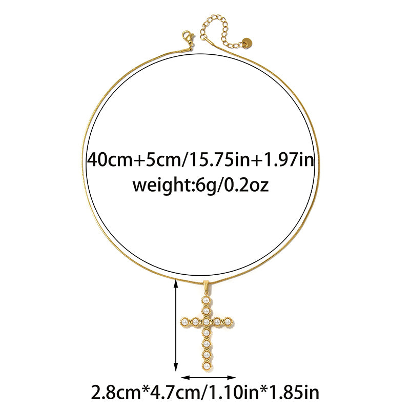 Cross Pendant Necklace For Religion Featuring 18K Real Gold Plated 304 Stainless Steel With Imitation Pearl On Snake Chain