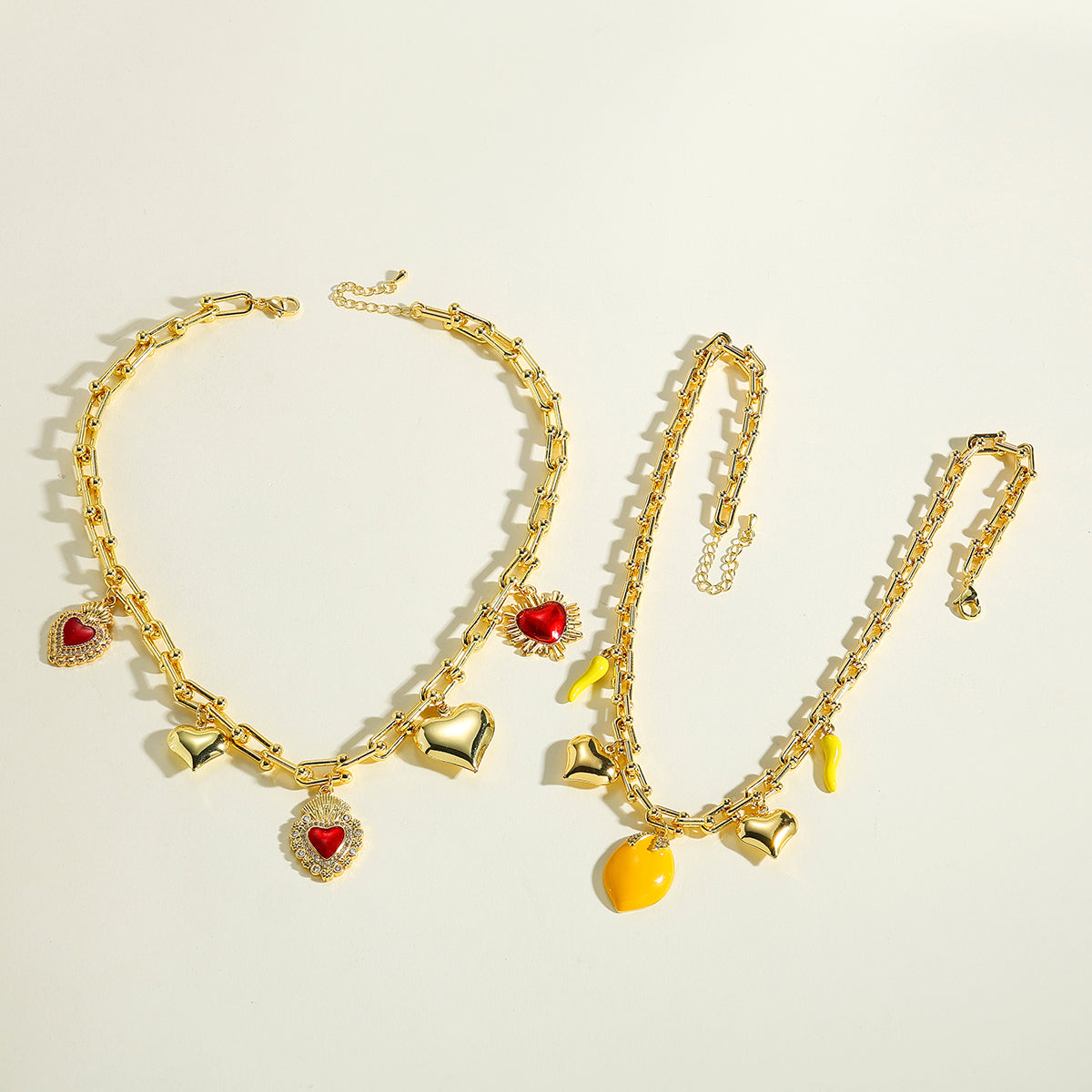 Lemon Multi Charms Necklace For Women In Copper With 18K Real Gold Plated Finish And Zircon Inlay, Featuring Horseshoe Buckle Chain