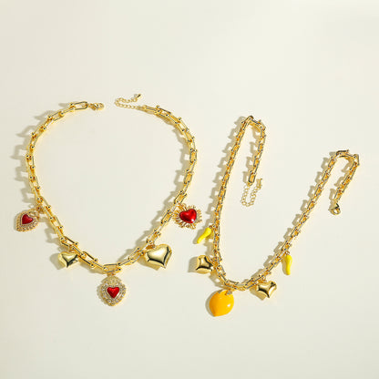 Lemon Multi Charms Necklace For Women In Copper With 18K Real Gold Plated Finish And Zircon Inlay, Featuring Horseshoe Buckle Chain