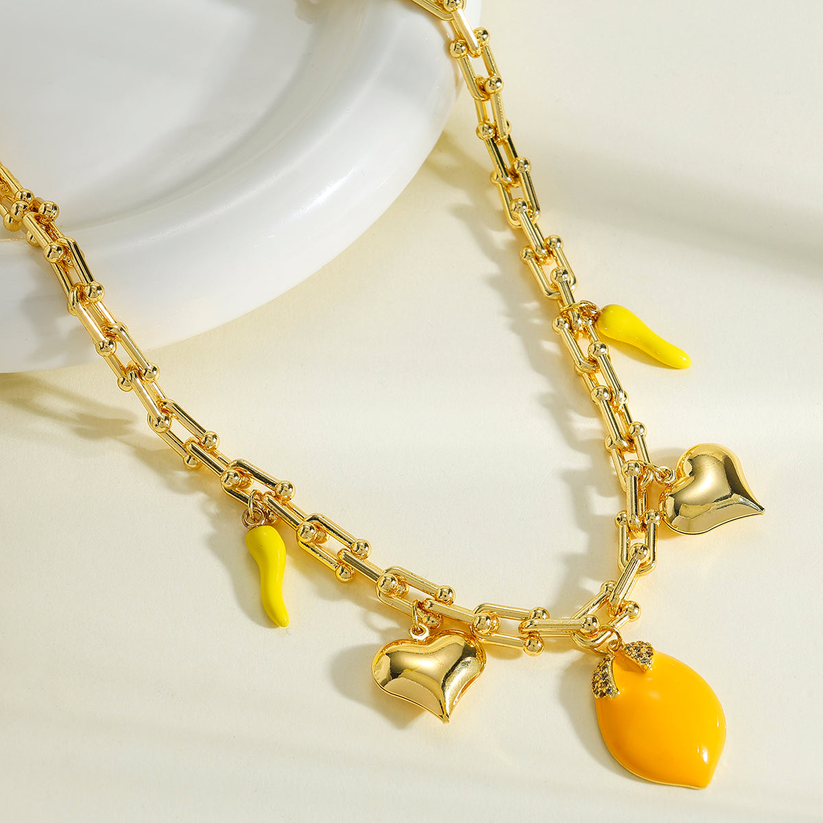 Lemon Multi Charms Necklace For Women In Copper With 18K Real Gold Plated Finish And Zircon Inlay, Featuring Horseshoe Buckle Chain