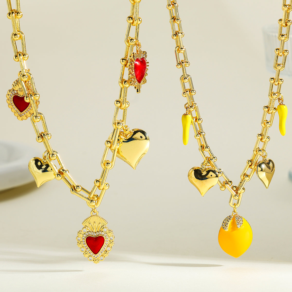 Lemon Multi Charms Necklace For Women In Copper With 18K Real Gold Plated Finish And Zircon Inlay, Featuring Horseshoe Buckle Chain