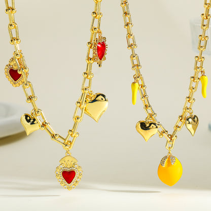 Lemon Multi Charms Necklace For Women In Copper With 18K Real Gold Plated Finish And Zircon Inlay, Featuring Horseshoe Buckle Chain