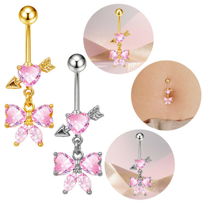 Three-dimensional Copper Flowers Belly Ring With Platinum Plated Electroplated Finish And Zircon Inlay
