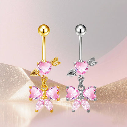 Three-dimensional Copper Flowers Belly Ring With Platinum Plated Electroplated Finish And Zircon Inlay
