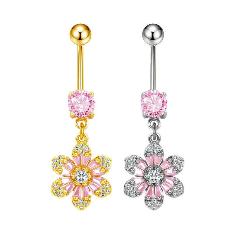 Three-dimensional Copper Flowers Belly Ring With Platinum Plated Electroplated Finish And Zircon Inlay
