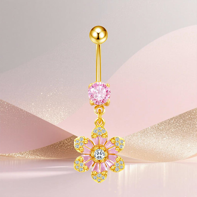 Three-dimensional Copper Flowers Belly Ring With Platinum Plated Electroplated Finish And Zircon Inlay