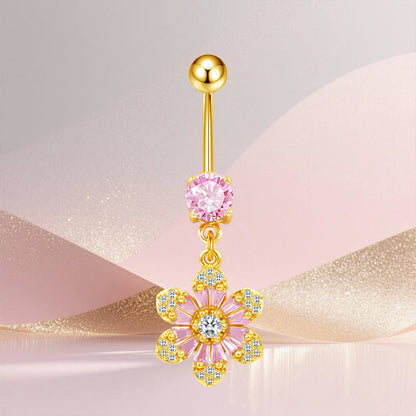 Three-dimensional Copper Flowers Belly Ring With Platinum Plated Electroplated Finish And Zircon Inlay