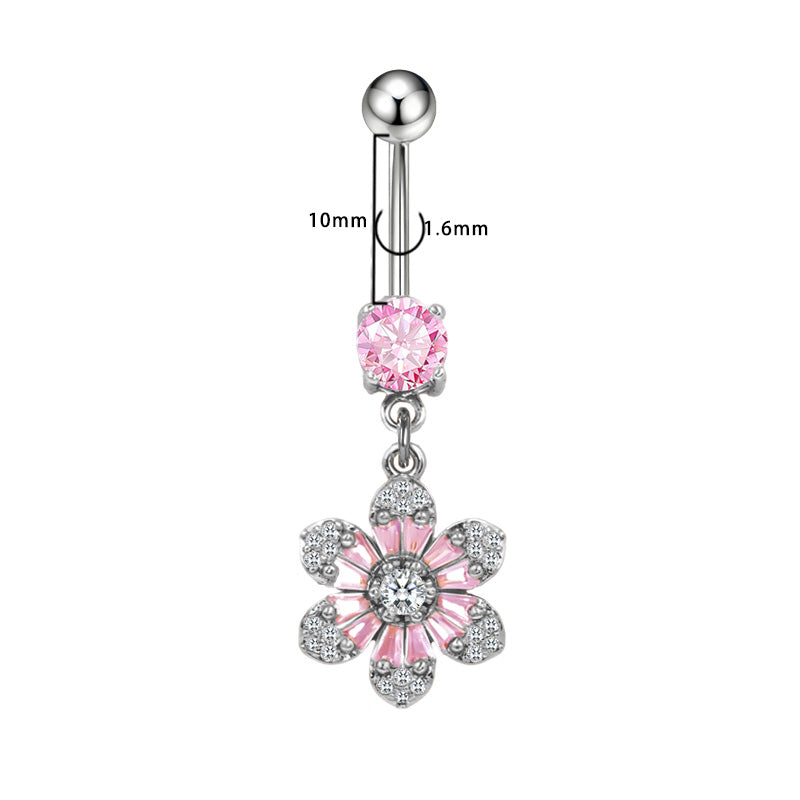 Three-dimensional Copper Flowers Belly Ring With Platinum Plated Electroplated Finish And Zircon Inlay