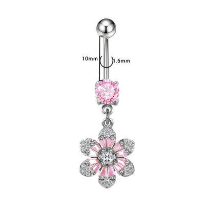 Three-dimensional Copper Flowers Belly Ring With Platinum Plated Electroplated Finish And Zircon Inlay