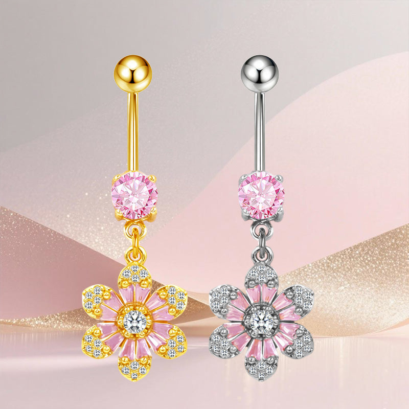 Three-dimensional Copper Flowers Belly Ring With Platinum Plated Electroplated Finish And Zircon Inlay