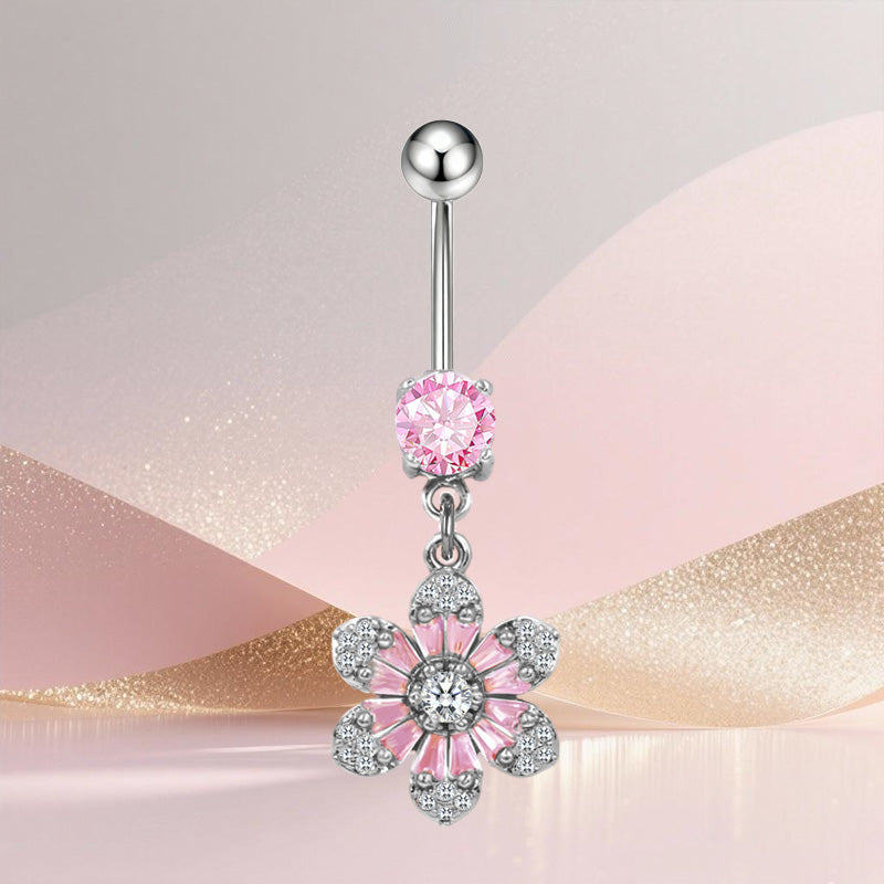 Three-dimensional Copper Flowers Belly Ring With Platinum Plated Electroplated Finish And Zircon Inlay