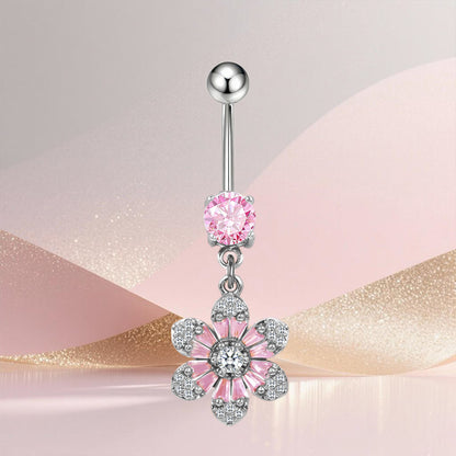 Three-dimensional Copper Flowers Belly Ring With Platinum Plated Electroplated Finish And Zircon Inlay