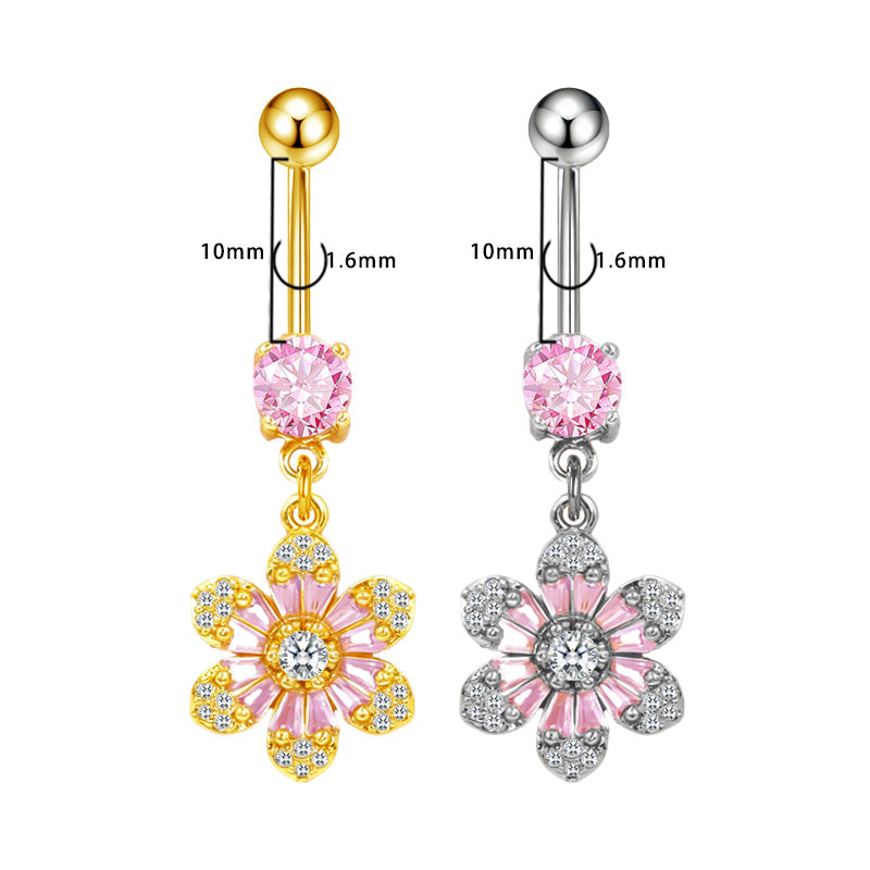 Three-dimensional Copper Flowers Belly Ring With Platinum Plated Electroplated Finish And Zircon Inlay