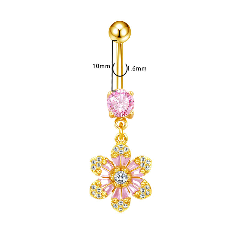 Three-dimensional Copper Flowers Belly Ring With Platinum Plated Electroplated Finish And Zircon Inlay