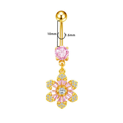 Three-dimensional Copper Flowers Belly Ring With Platinum Plated Electroplated Finish And Zircon Inlay