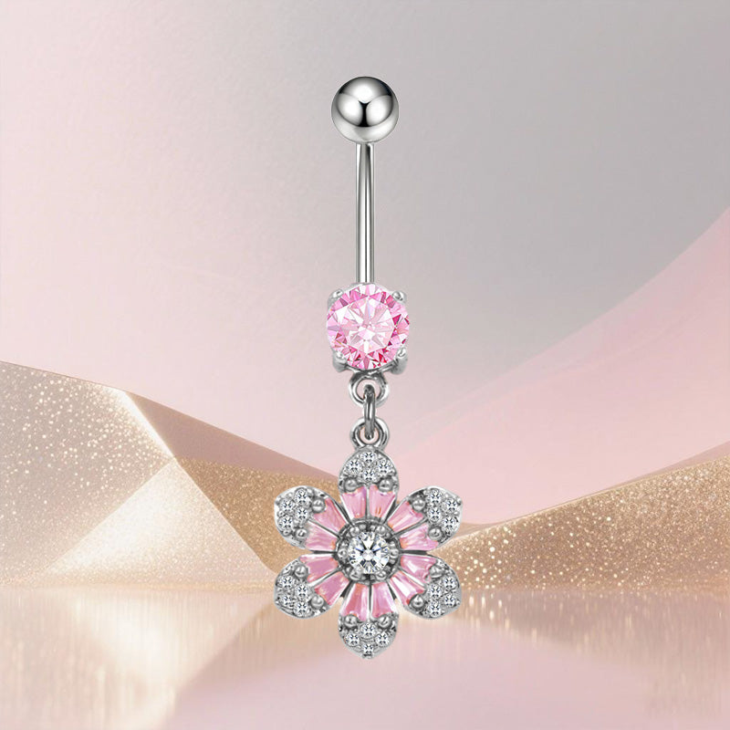 Three-dimensional Copper Flowers Belly Ring With Platinum Plated Electroplated Finish And Zircon Inlay