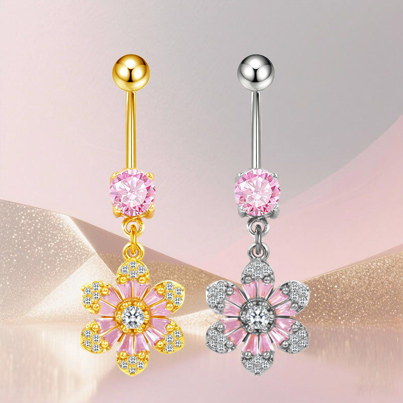 Three-dimensional Copper Flowers Belly Ring With Platinum Plated Electroplated Finish And Zircon Inlay