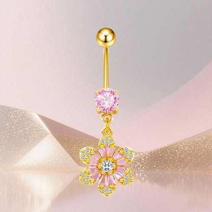 Three-dimensional Copper Flowers Belly Ring With Platinum Plated Electroplated Finish And Zircon Inlay